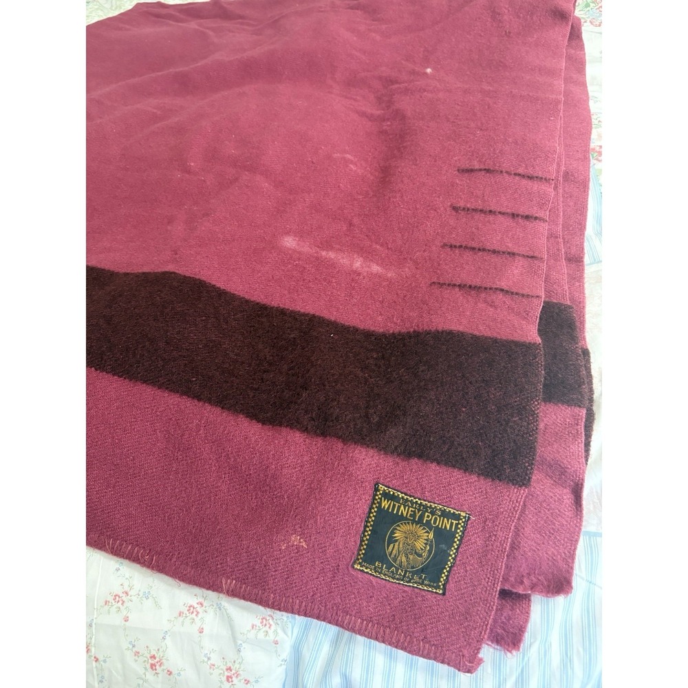 Vintage Early's Witney Point Wool Blanket Maroon Black Stripe 88"x70"‎ England